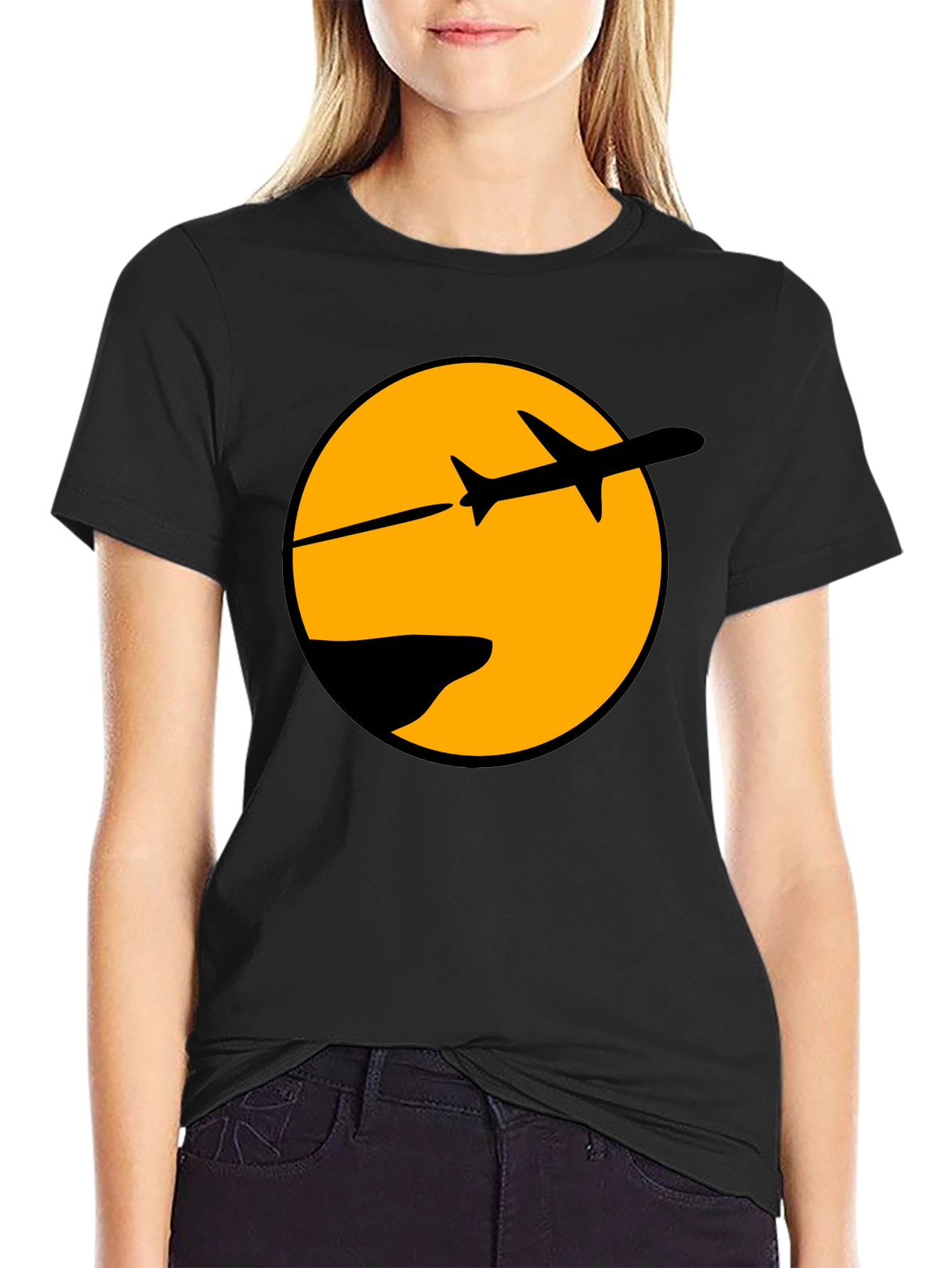 Airplane Silhouette Graphic Tee - Black Cotton Blend