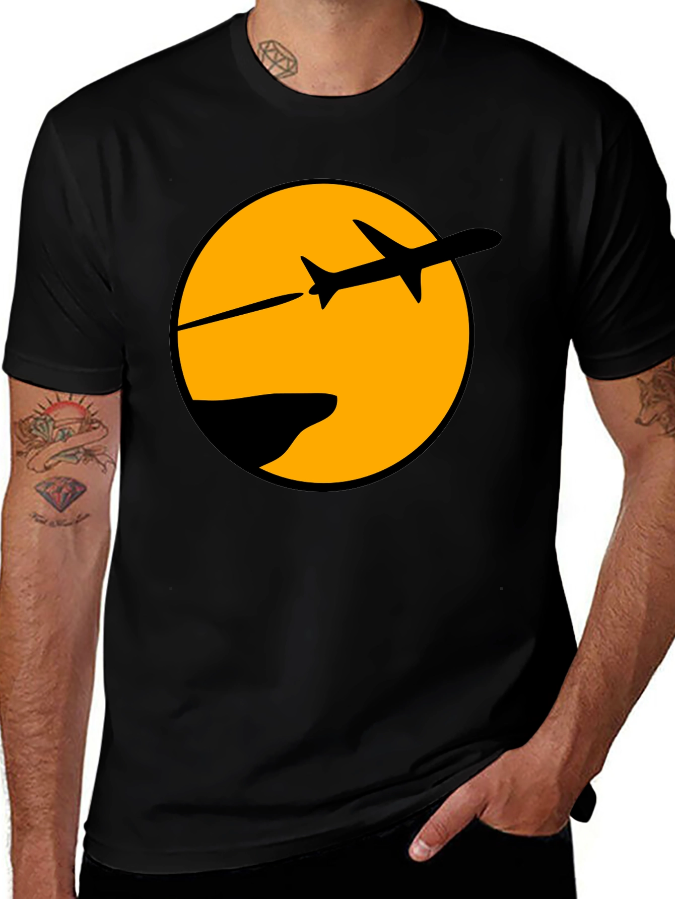 Airplane Silhouette Graphic Tee - Black Cotton Blend