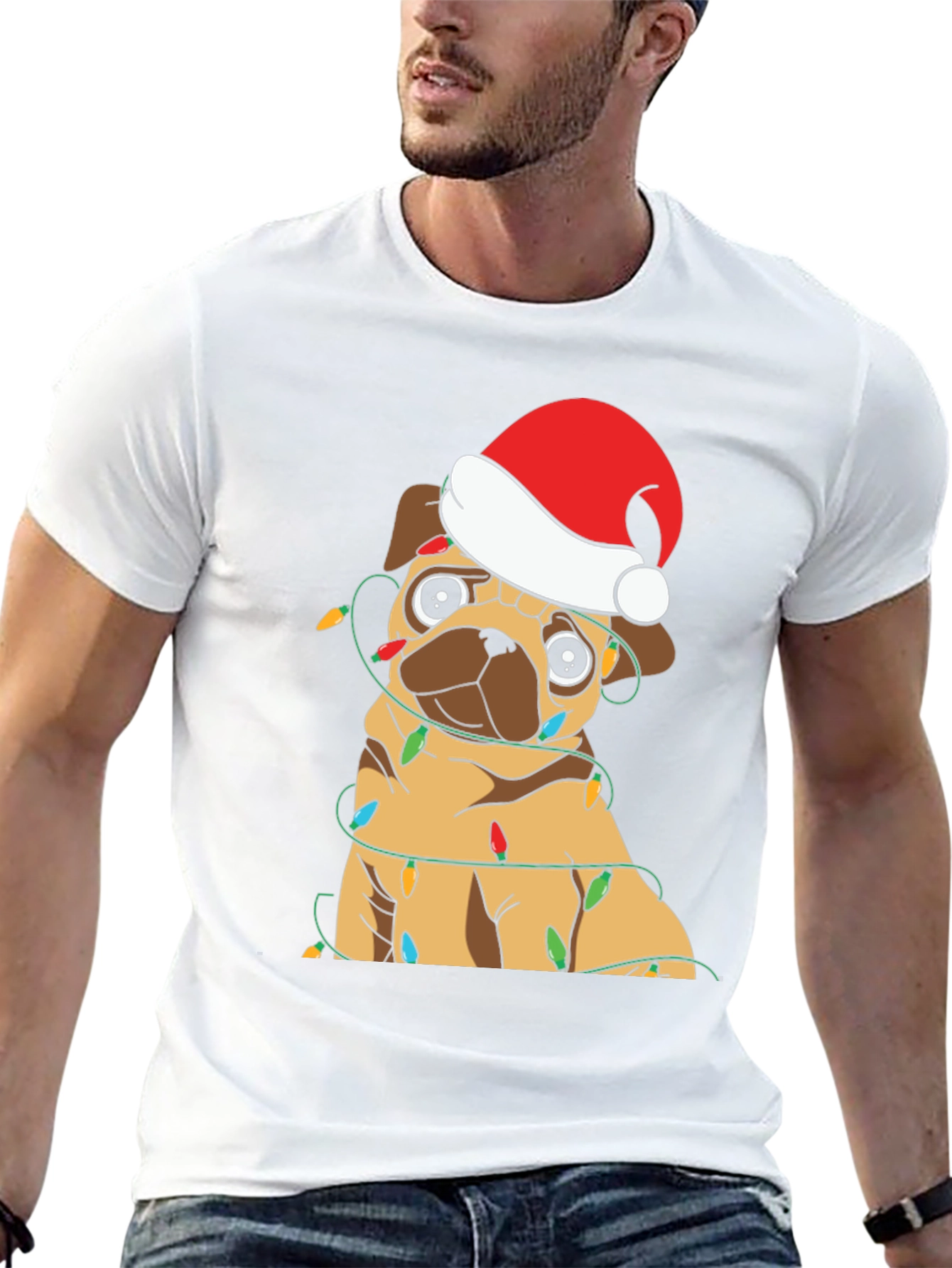 Festive Pug Christmas Lights Graphic T-Shirt