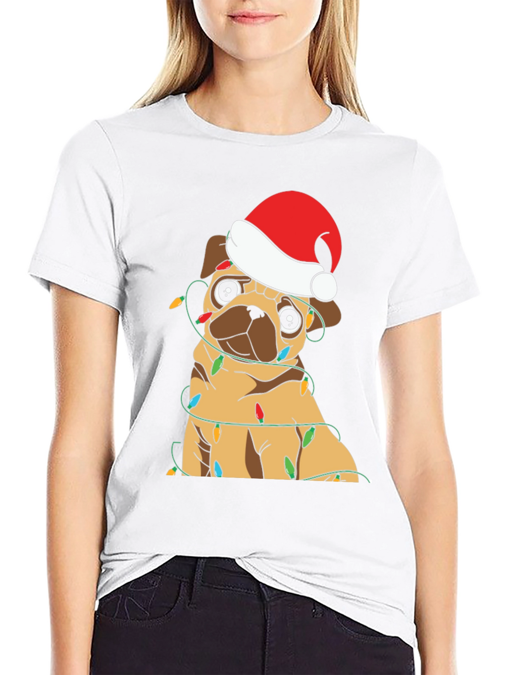 Festive Pug Christmas Lights Graphic T-Shirt