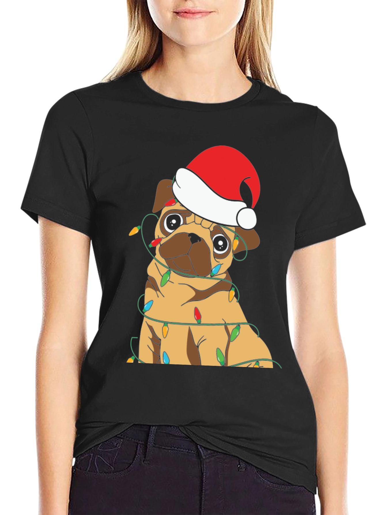 Festive Pug Christmas Lights Graphic T-Shirt