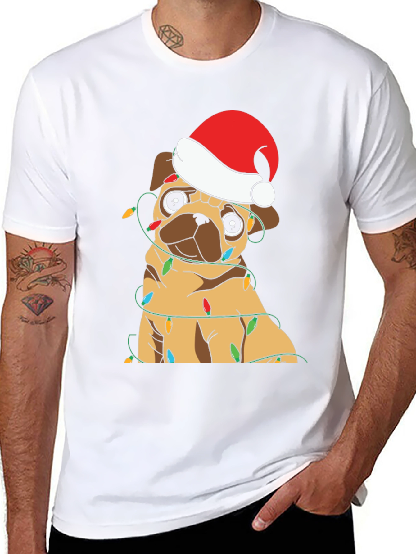 Festive Pug Christmas Lights Graphic T-Shirt