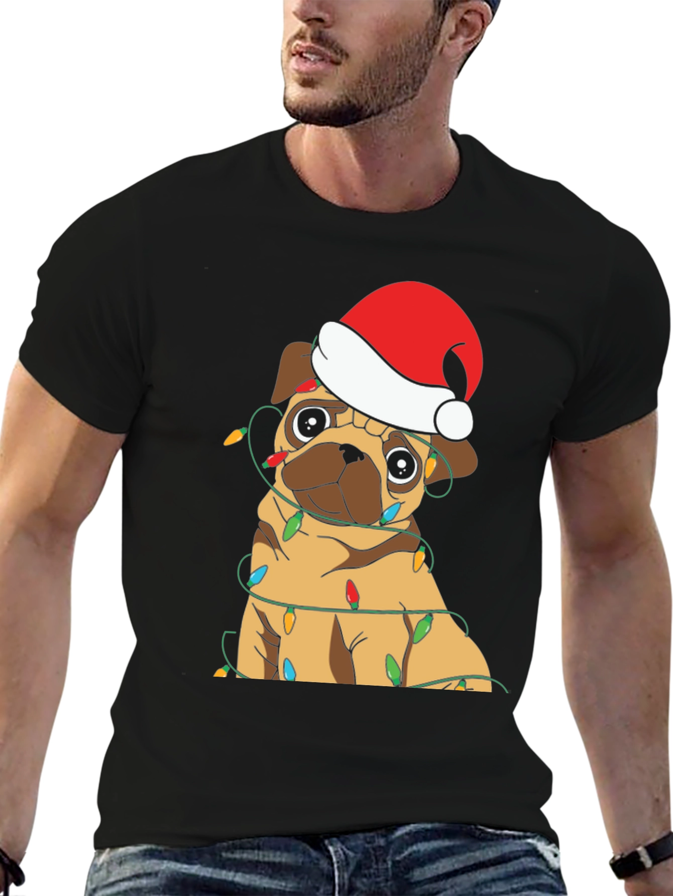 Festive Pug Christmas Lights Graphic T-Shirt