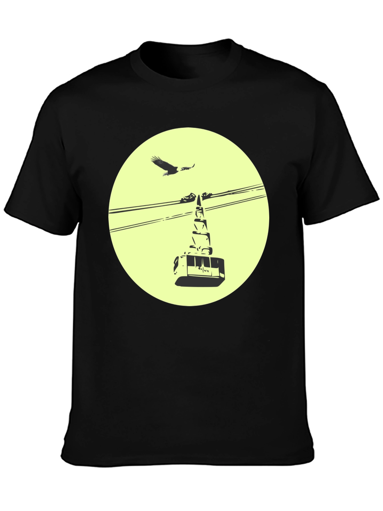 Graphic Tee: Cable Car & Eagle Black Cotton T-Shirt