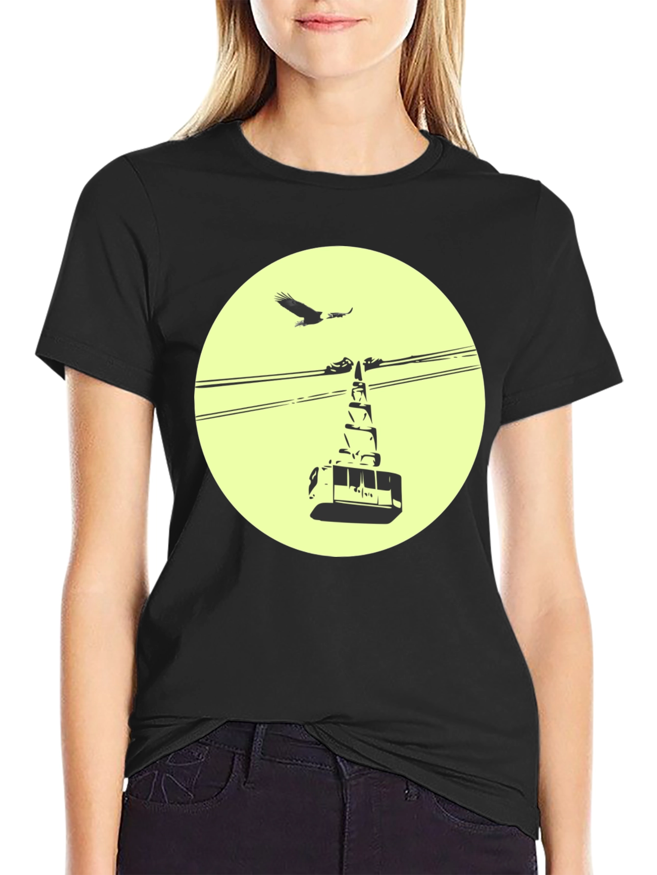 Graphic Tee: Cable Car & Eagle Black Cotton T-Shirt