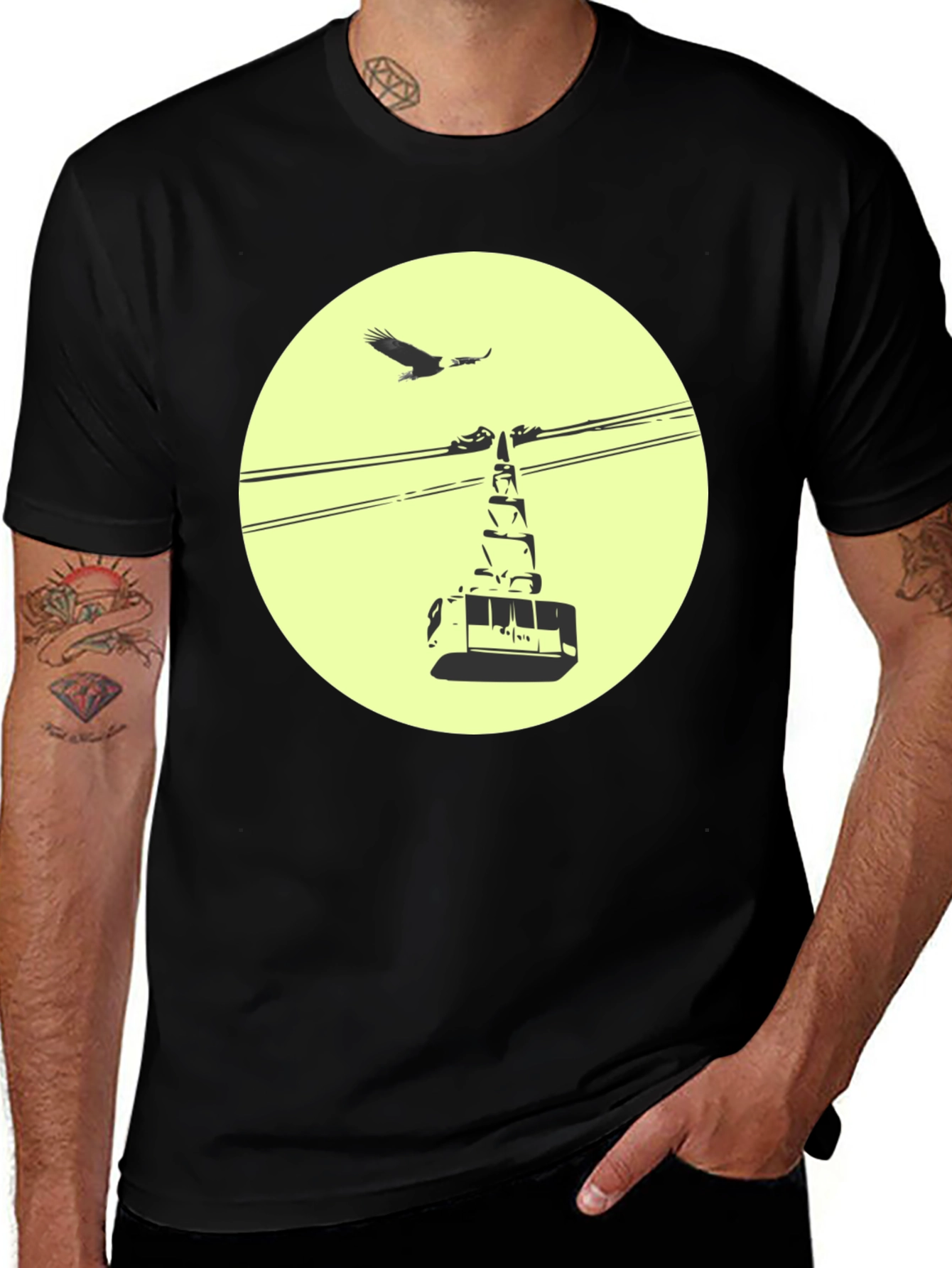 Graphic Tee: Cable Car & Eagle Black Cotton T-Shirt