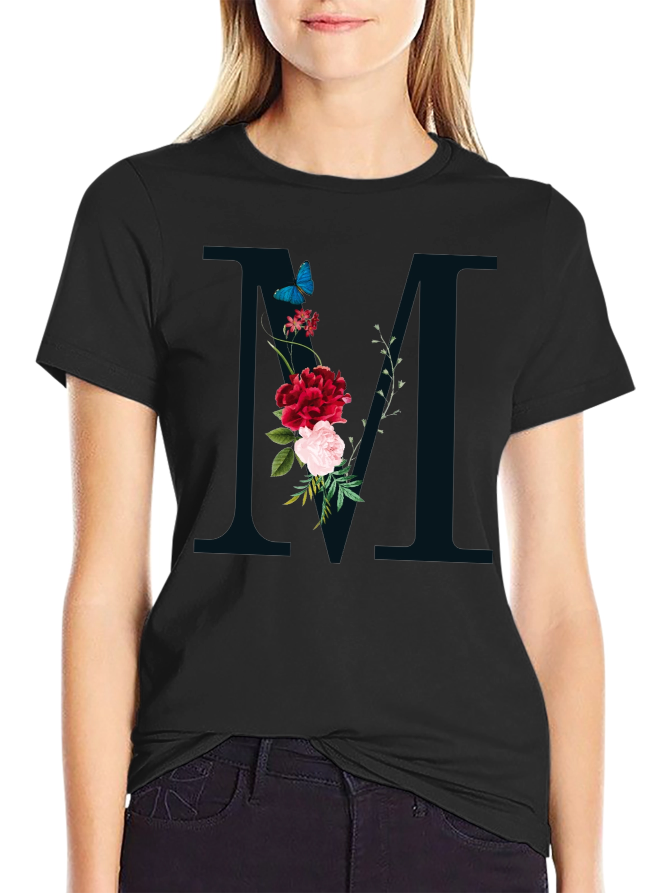 Floral M Initial T-Shirt - Personalized Design