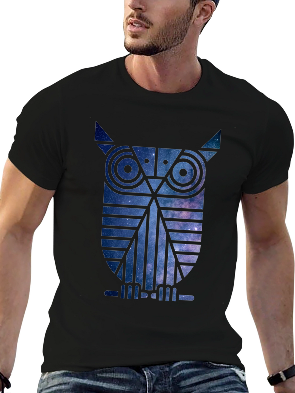 Galaxy Owl Graphic Print Black T-Shirt