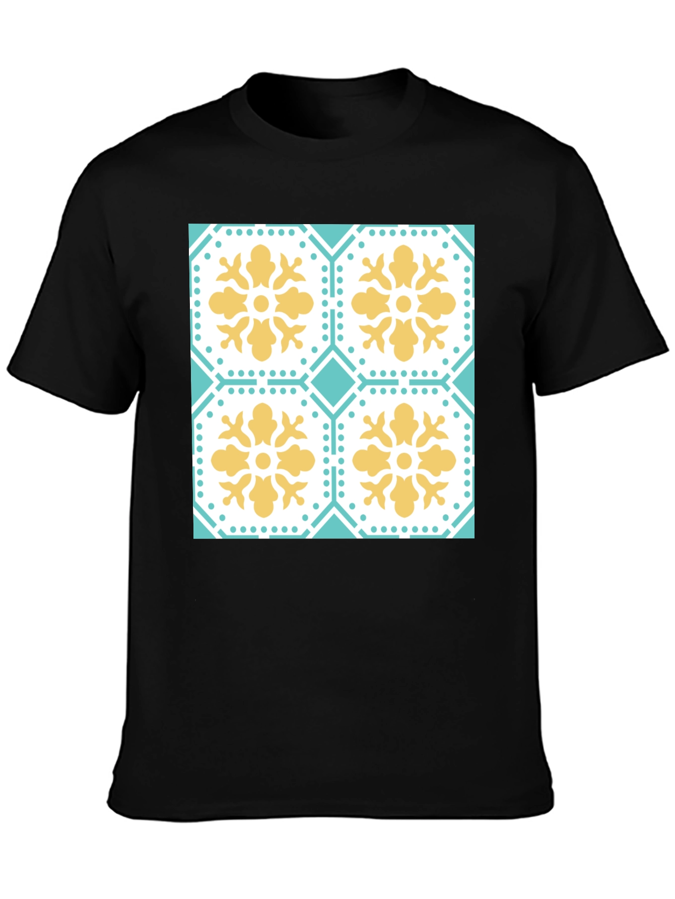 Floral Tile Pattern Tee - Black Crew Neck
