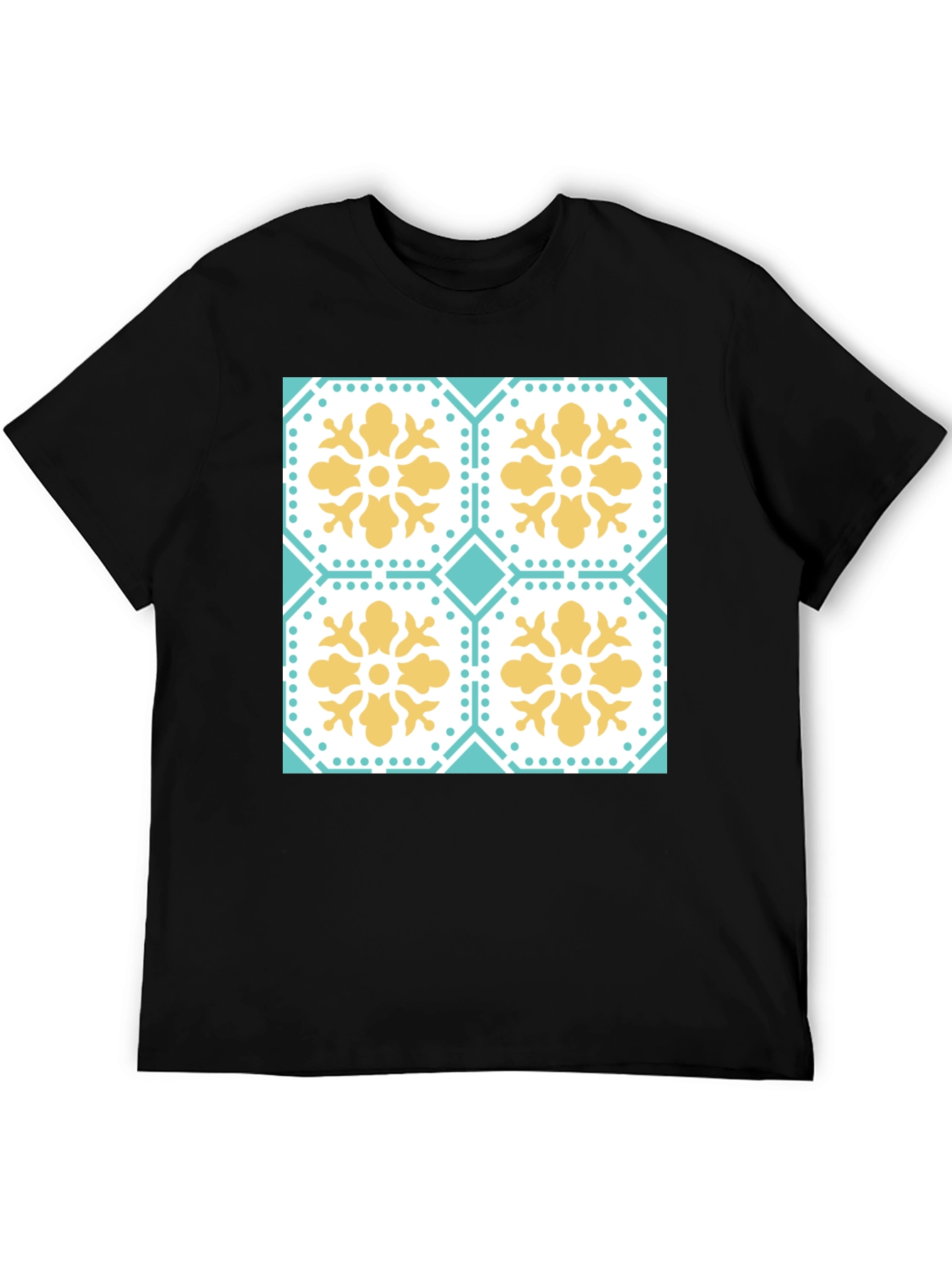 Floral Tile Pattern Tee - Black Crew Neck