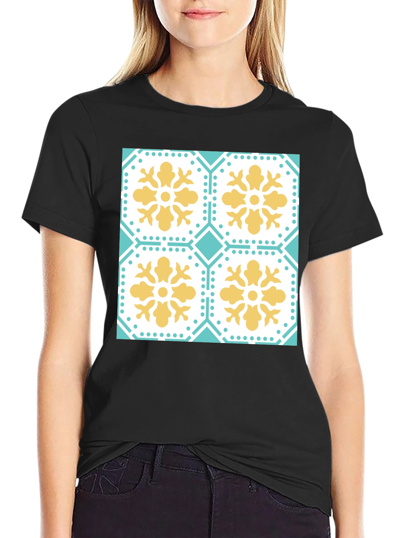 Floral Tile Pattern Tee - Black Crew Neck