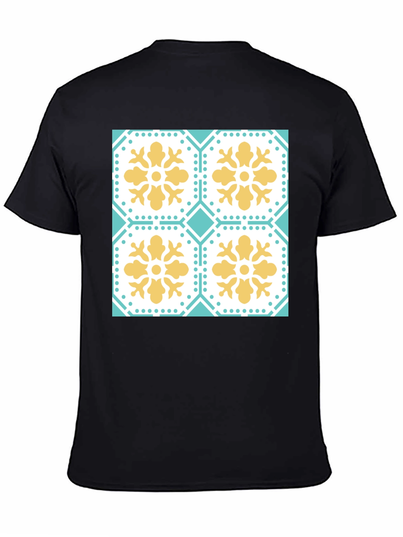Floral Tile Pattern Tee - Black Crew Neck