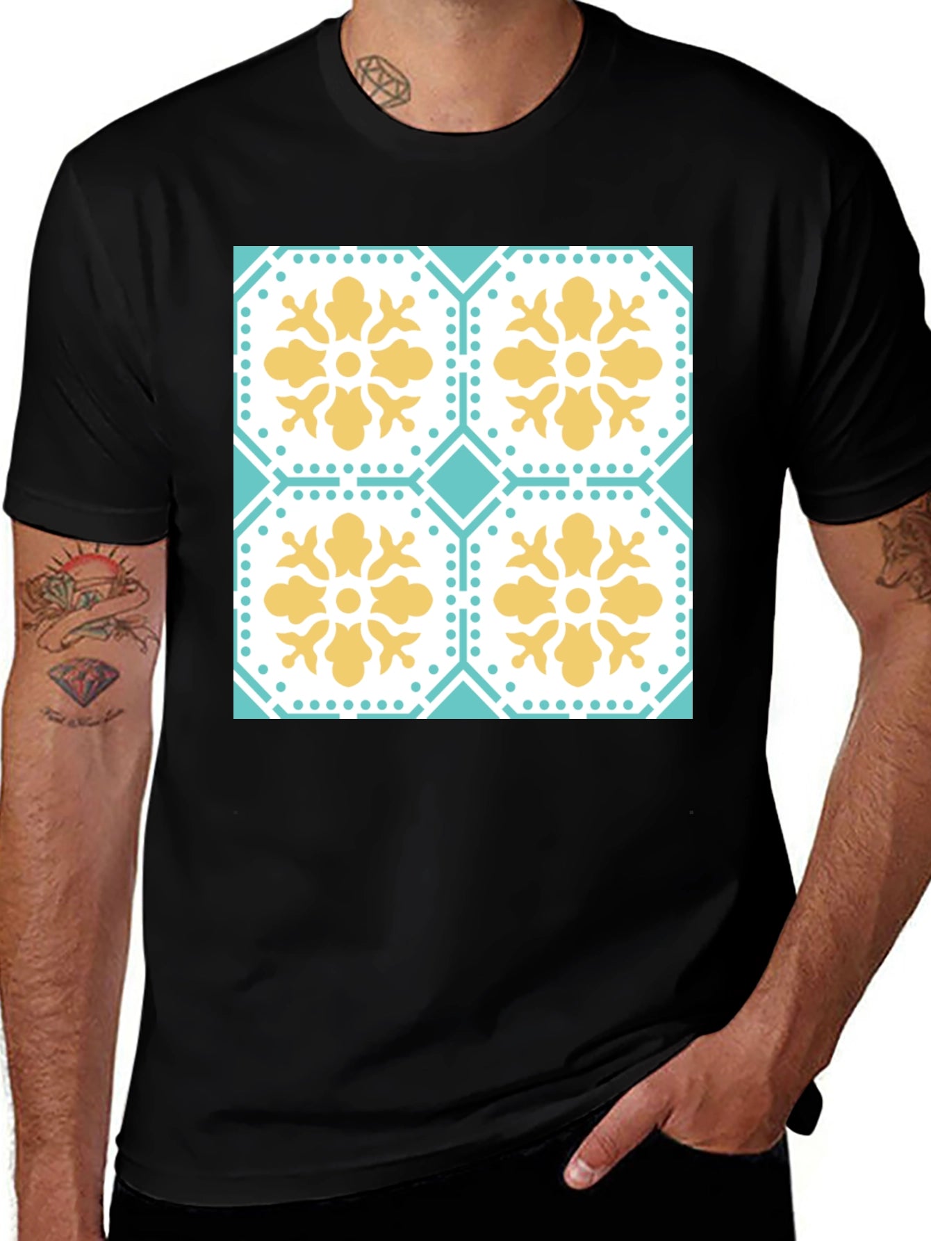 Floral Tile Pattern Tee - Black Crew Neck