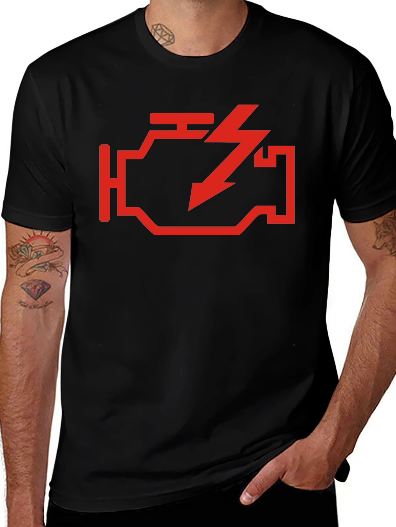 Check Engine Tee - Red Warning Design on Black Cotton Shirt