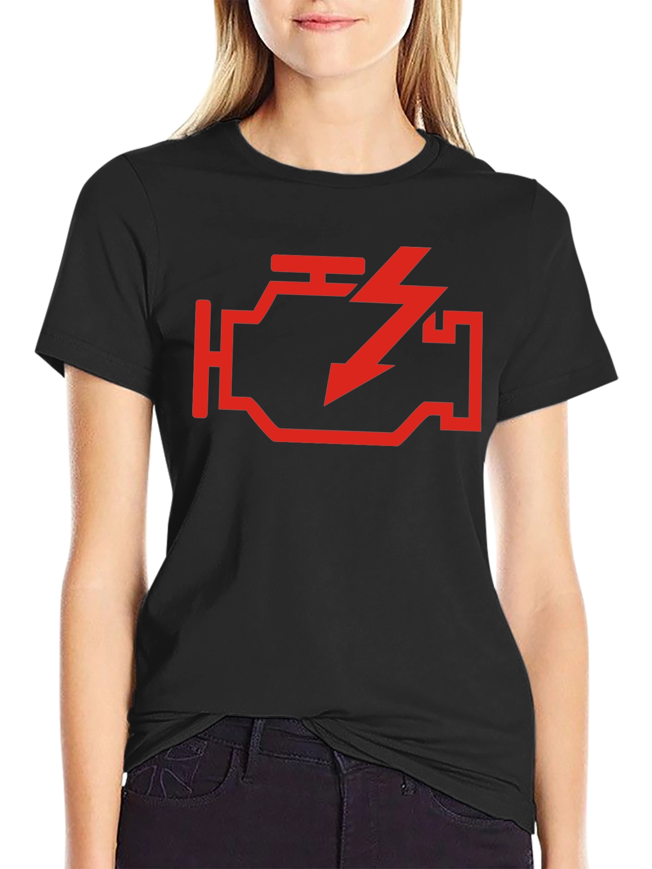 Check Engine Tee - Red Warning Design on Black Cotton Shirt