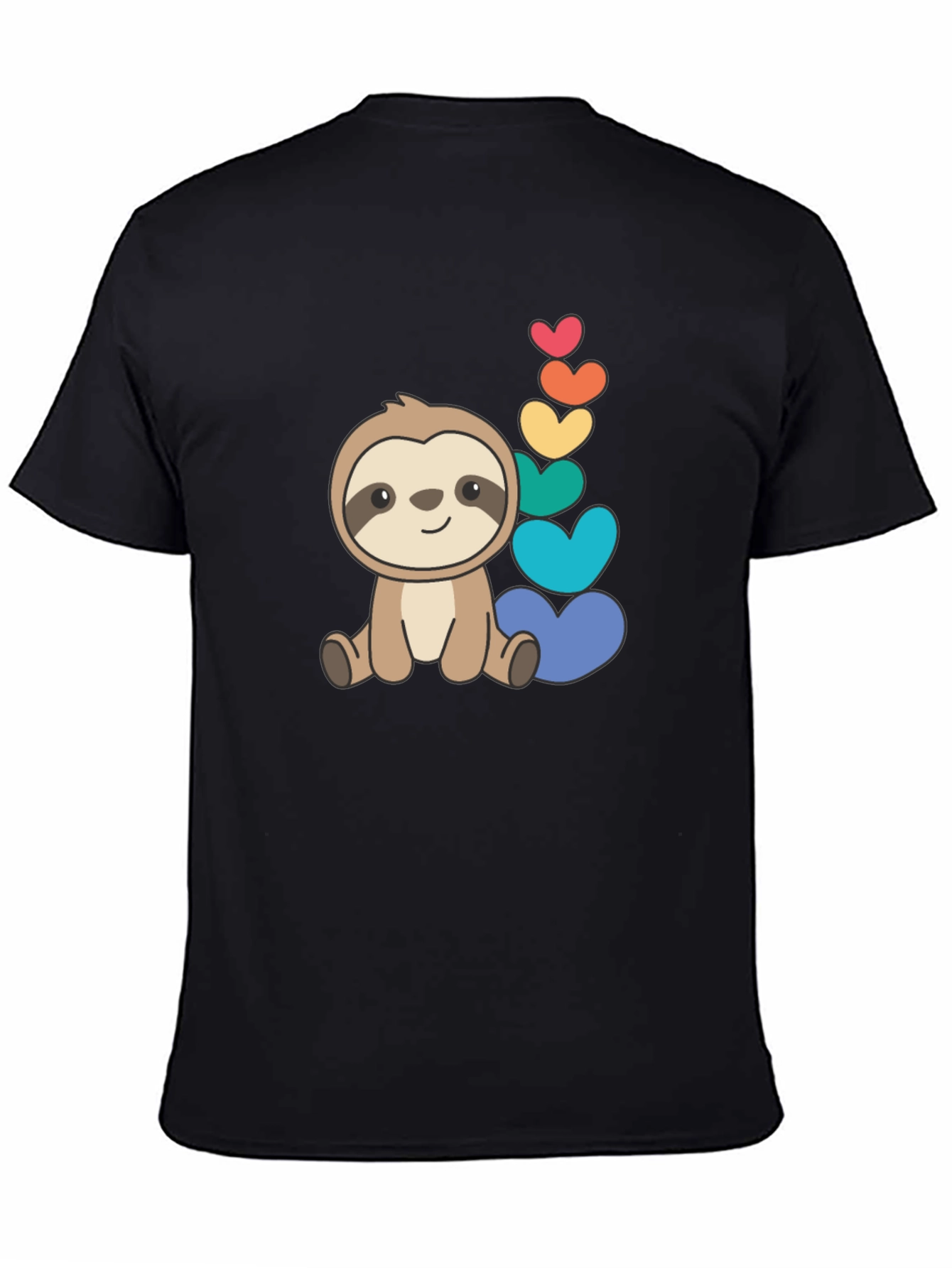 Cute Sloth & Rainbow Hearts Black T-Shirt
