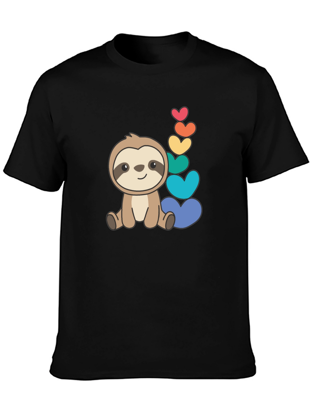 Cute Sloth & Rainbow Hearts Black T-Shirt