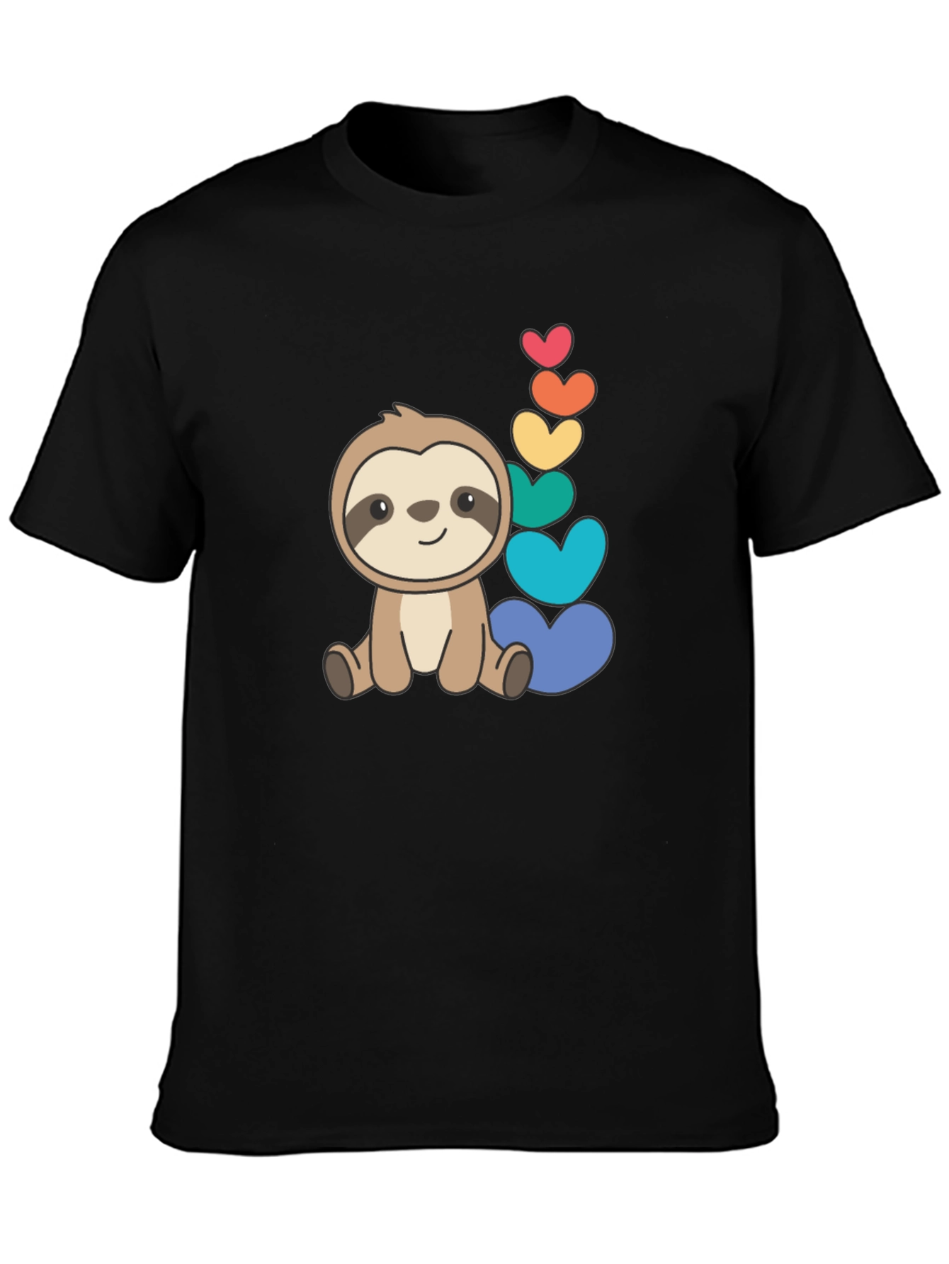 Cute Sloth & Rainbow Hearts Black T-Shirt