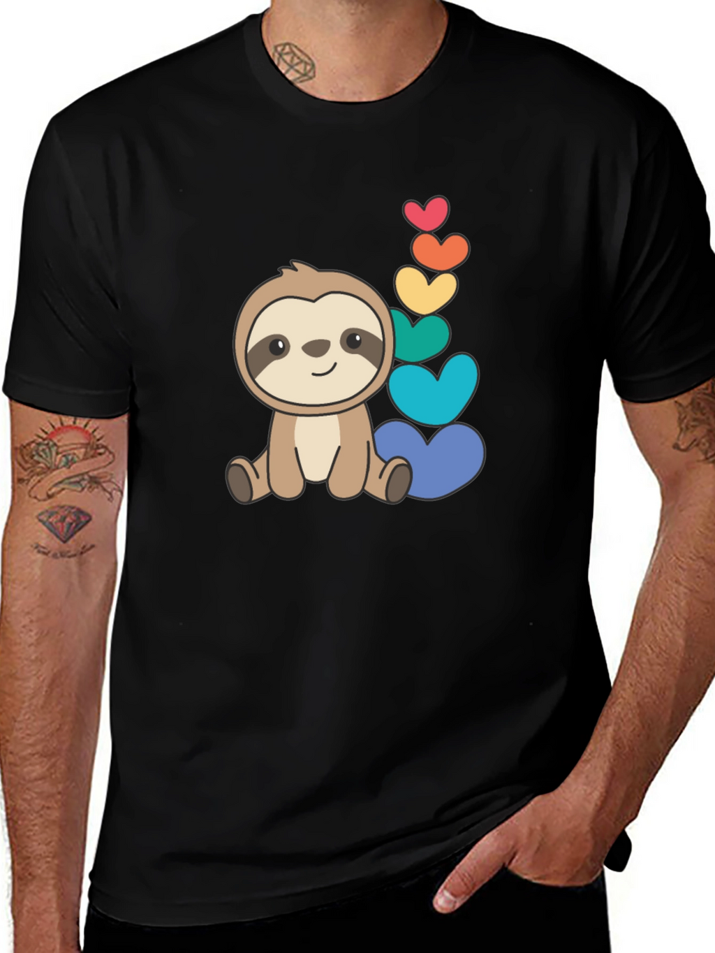 Cute Sloth & Rainbow Hearts Black T-Shirt