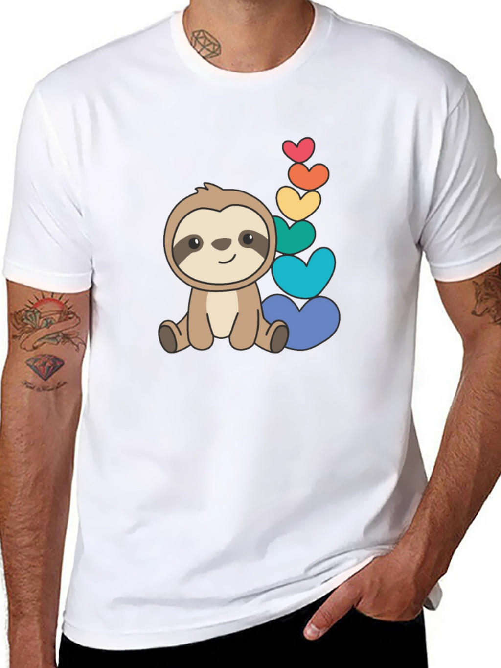 Cute Sloth & Rainbow Hearts Black T-Shirt