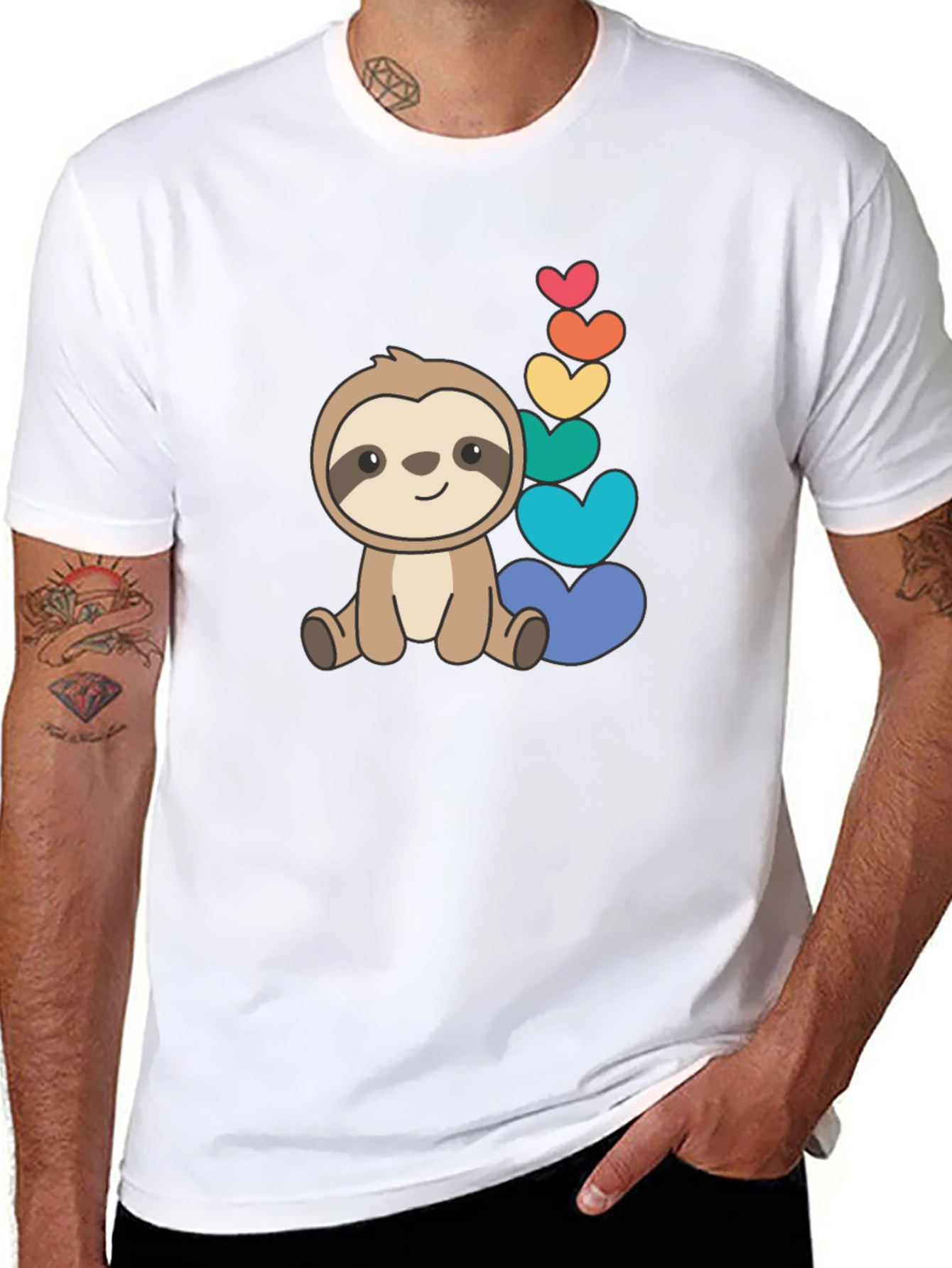 Cute Sloth & Rainbow Hearts Black T-Shirt