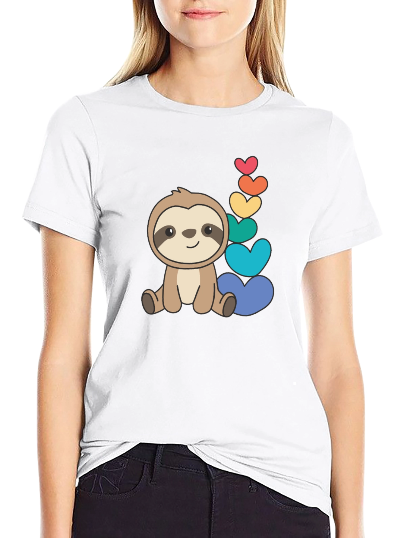 Cute Sloth & Rainbow Hearts Black T-Shirt