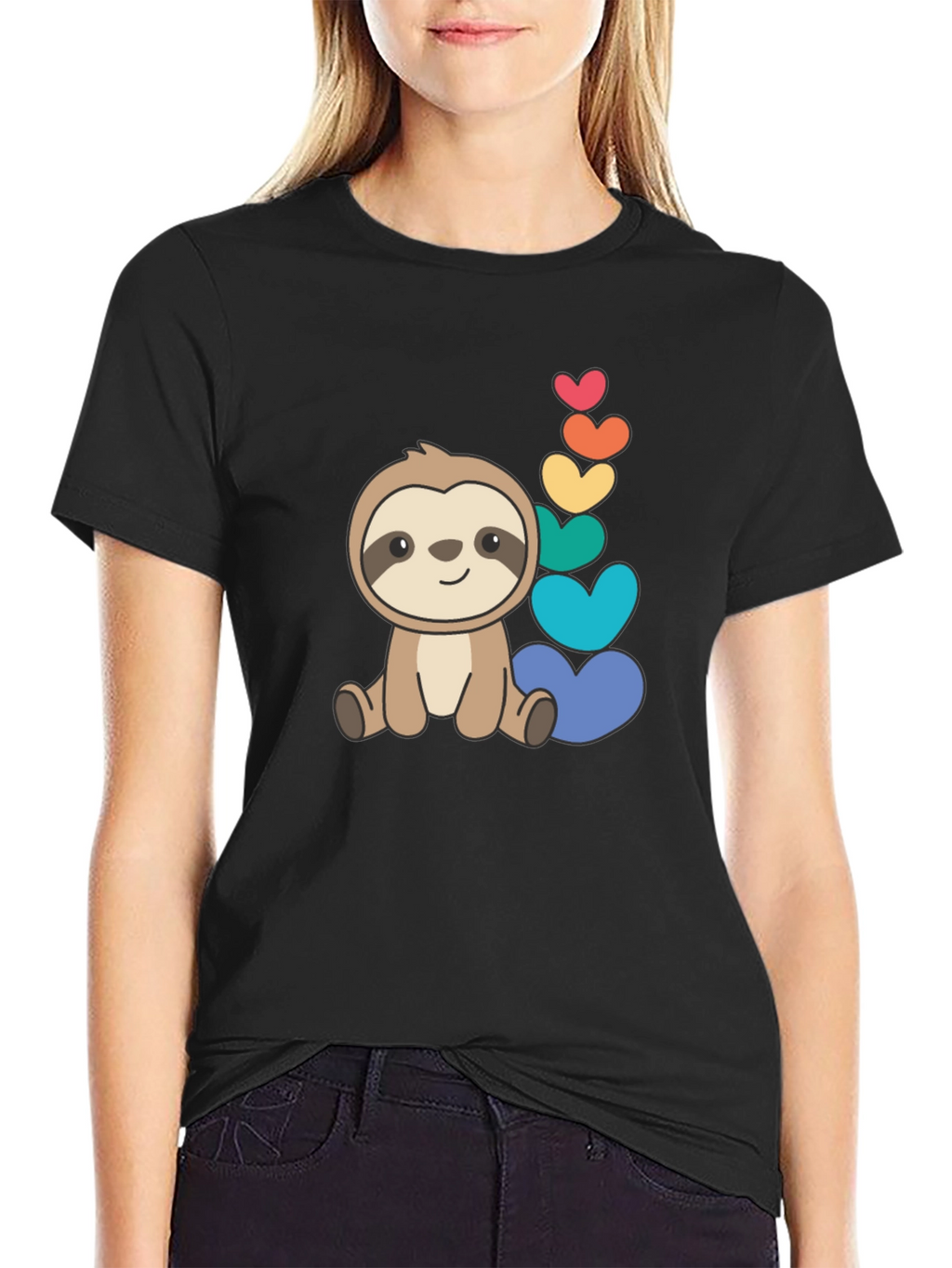 Cute Sloth & Rainbow Hearts Black T-Shirt