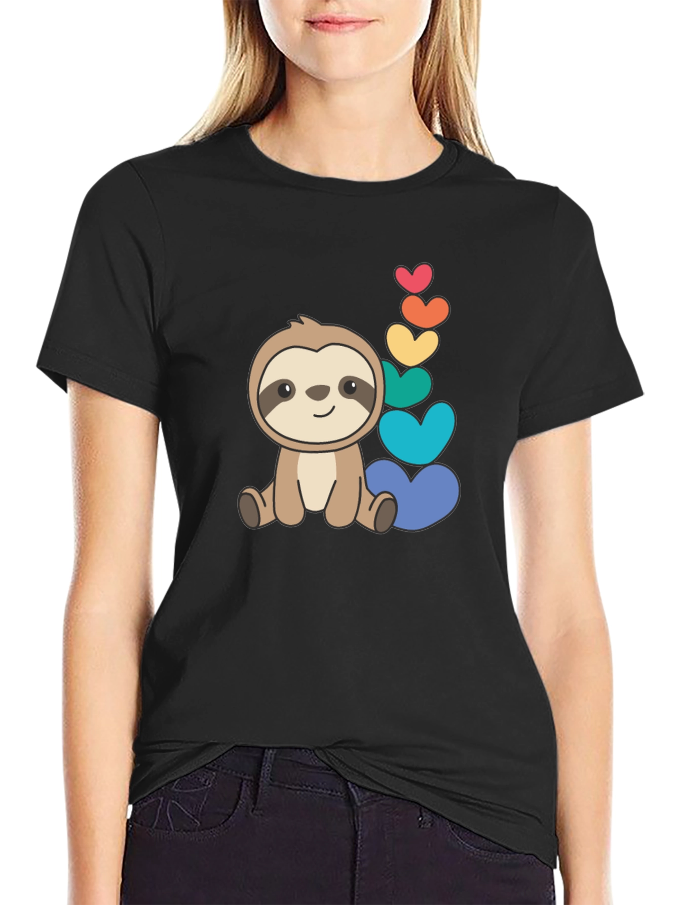 Cute Sloth & Rainbow Hearts Black T-Shirt