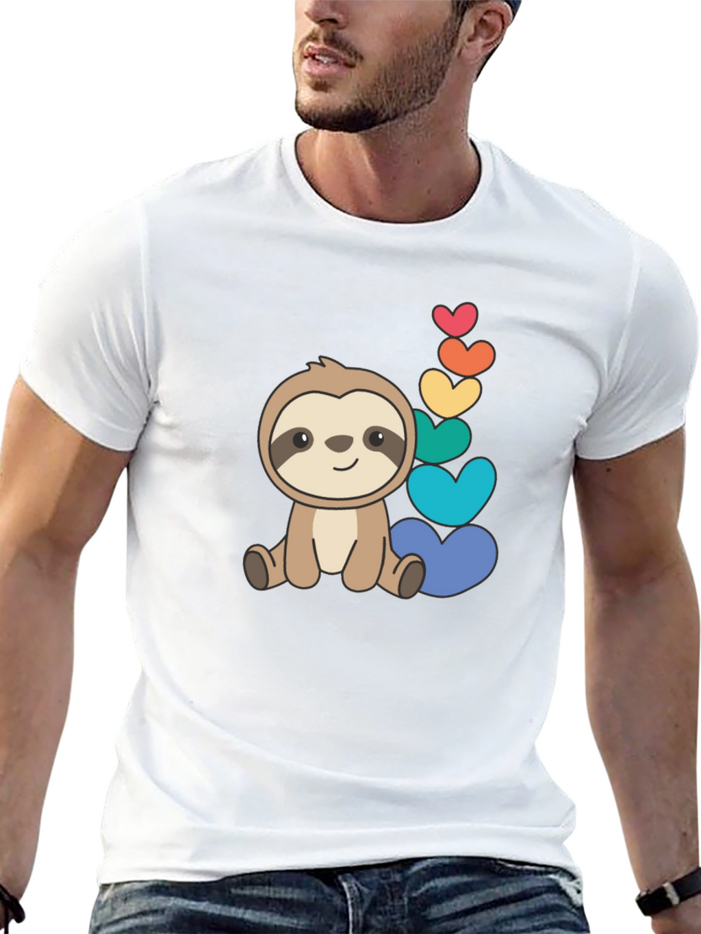 Cute Sloth & Rainbow Hearts Black T-Shirt