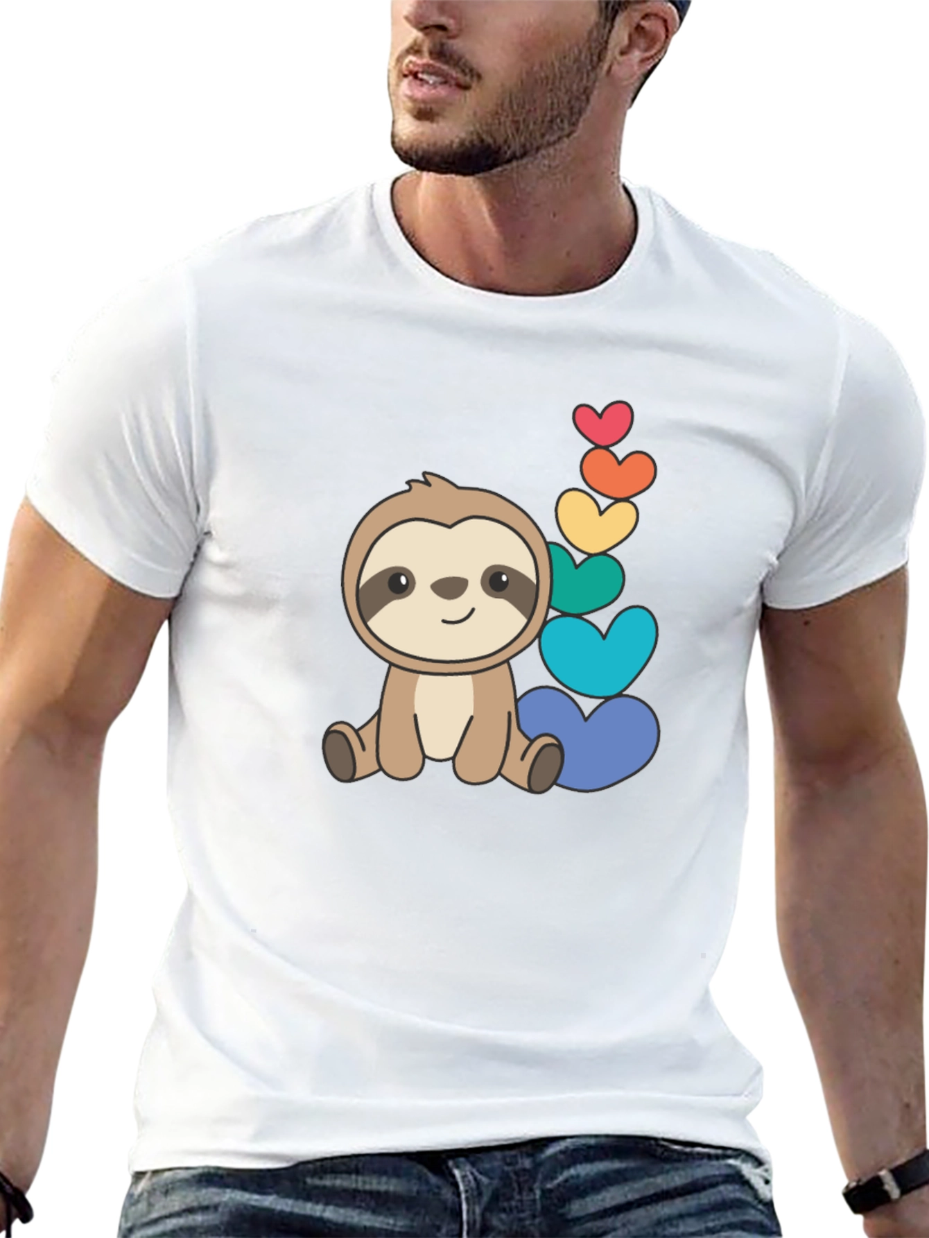 Cute Sloth & Rainbow Hearts Black T-Shirt