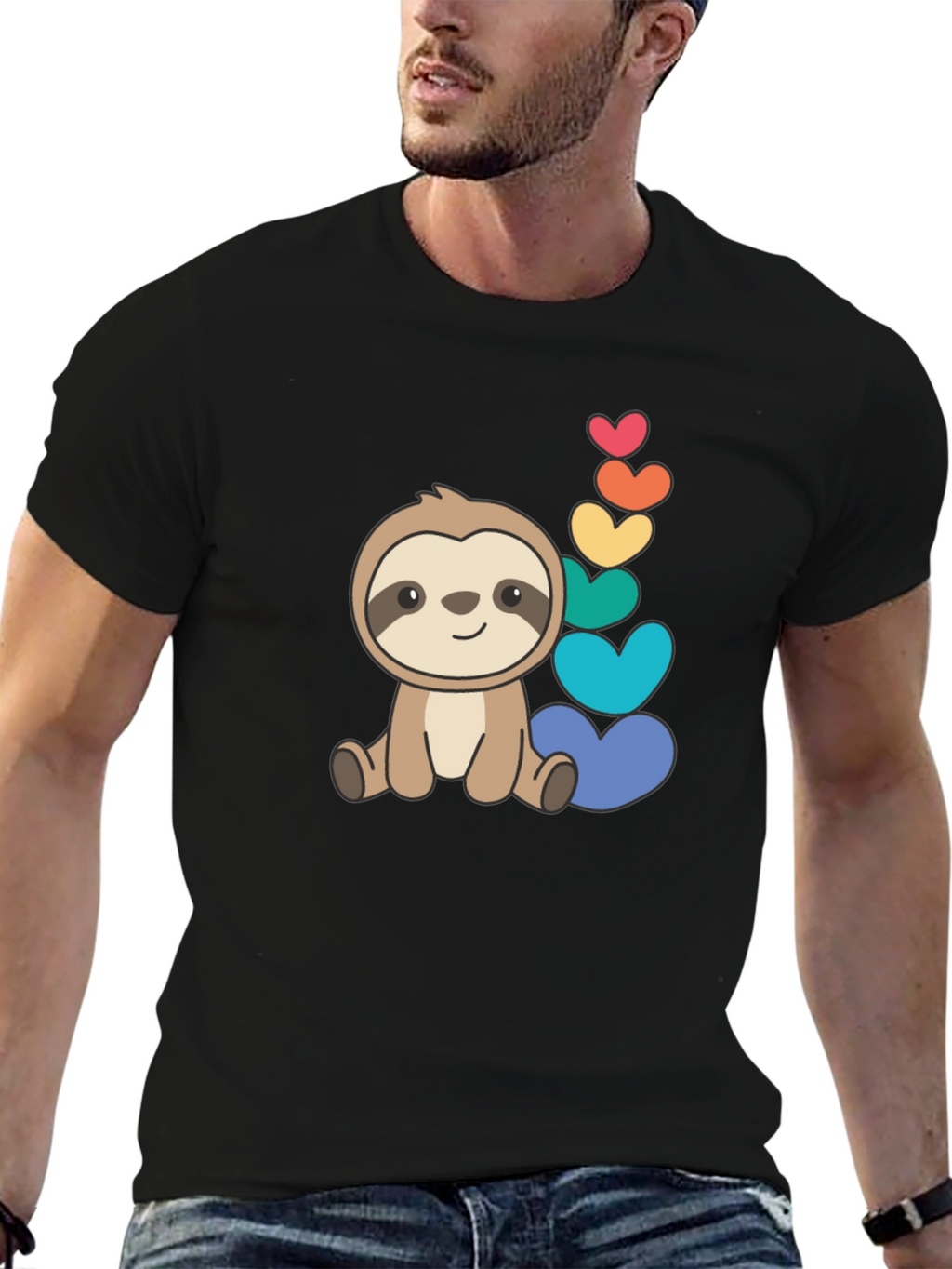 Cute Sloth & Rainbow Hearts Black T-Shirt