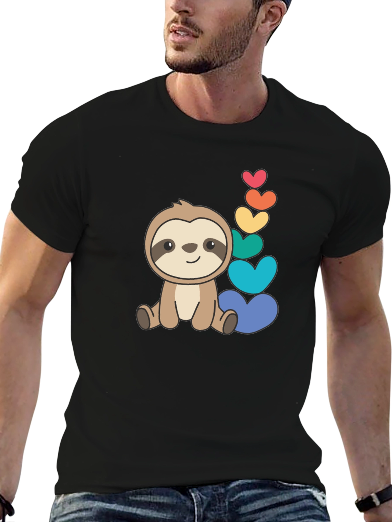 Cute Sloth & Rainbow Hearts Black T-Shirt