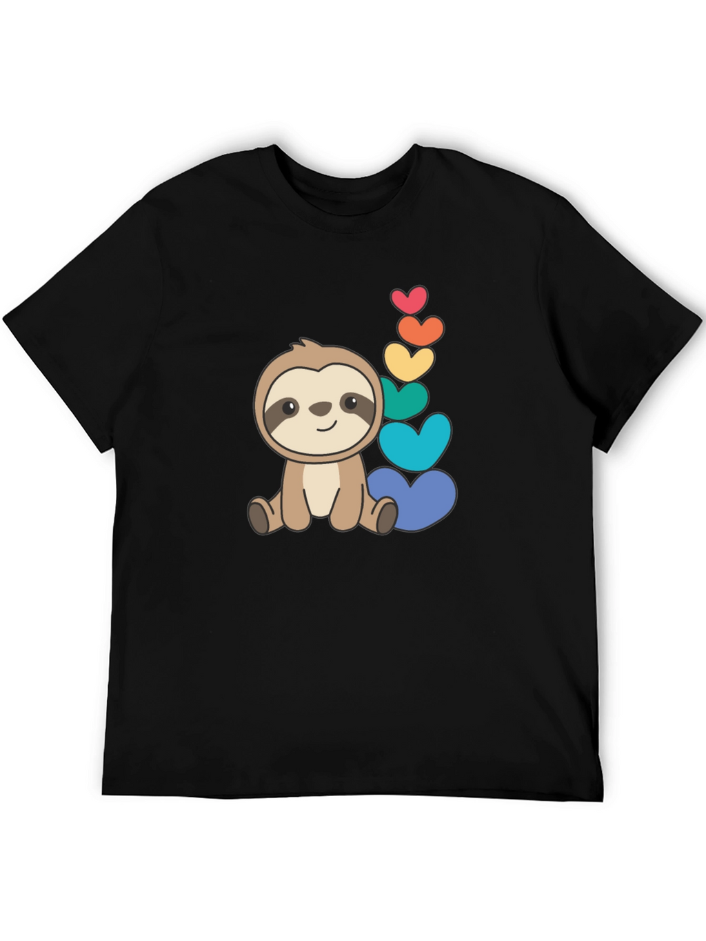 Cute Sloth & Rainbow Hearts Black T-Shirt