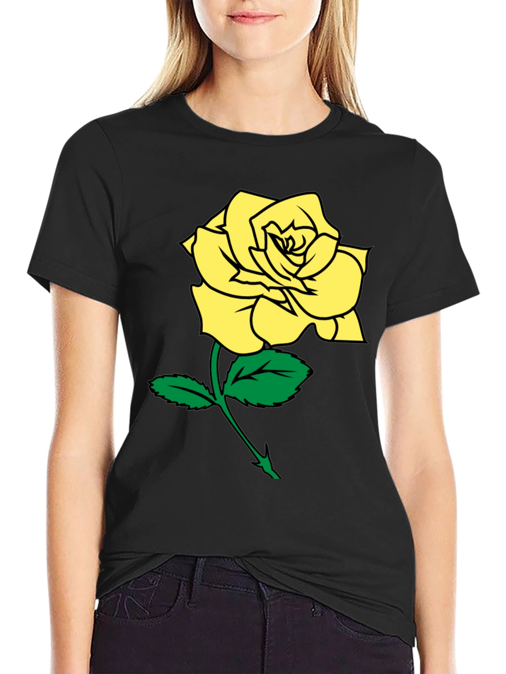 Black T-Shirt with Yellow Rose Graphic