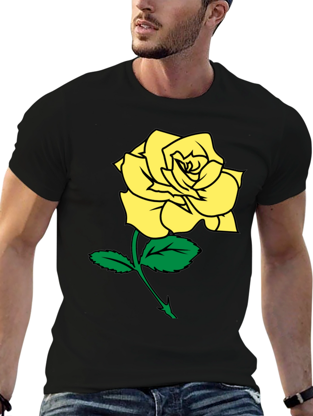 Black T-Shirt with Yellow Rose Graphic