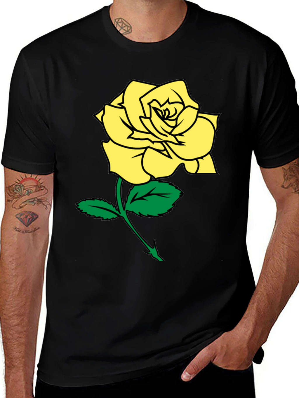 Black T-Shirt with Yellow Rose Graphic