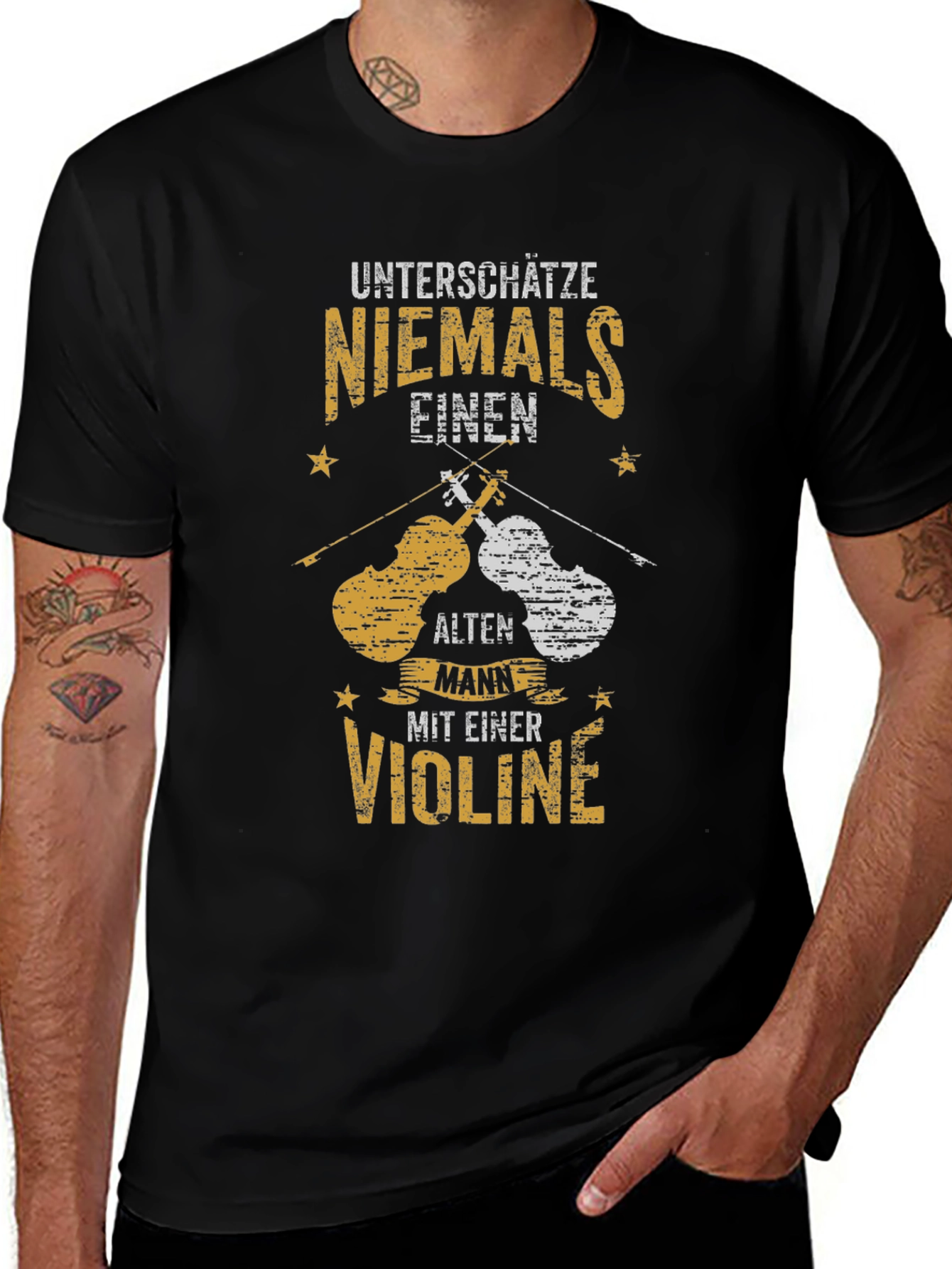 Dont Underestimate Old Man with Violin Black Graphic T-Shirt