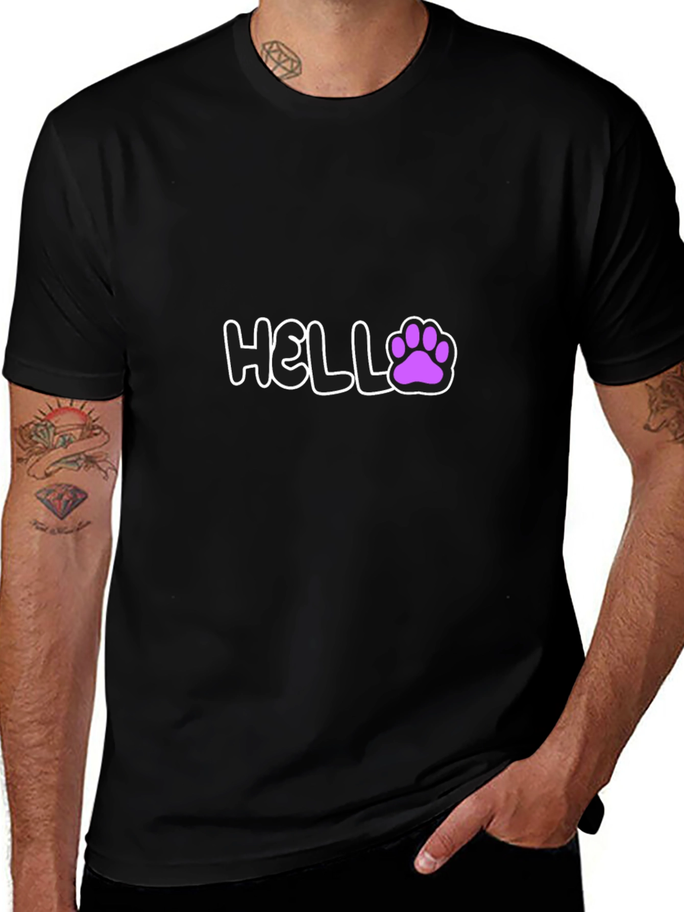 Hello Paw Print Graphic Tee - Casual Black T-Shirt