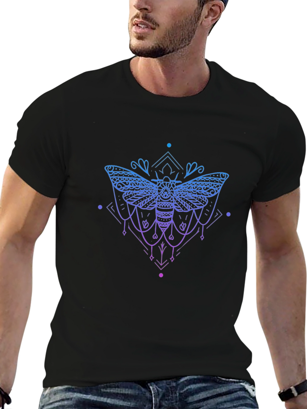 Geometric Moth Graphic Tee - Black