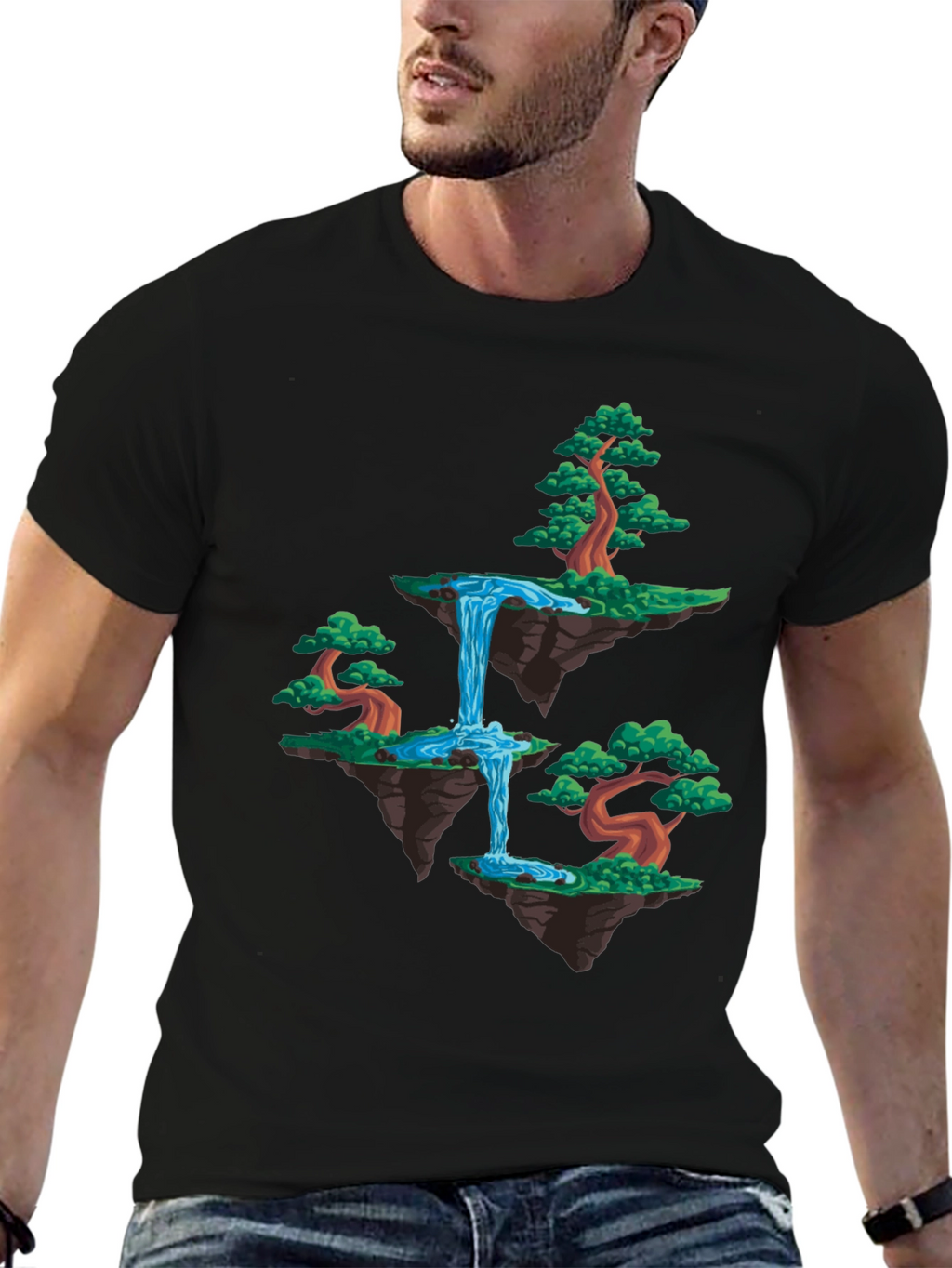 Floating Island Waterfall Graphic Tee - Black