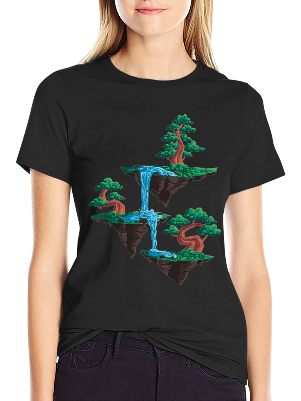 Floating Island Waterfall Graphic Tee - Black