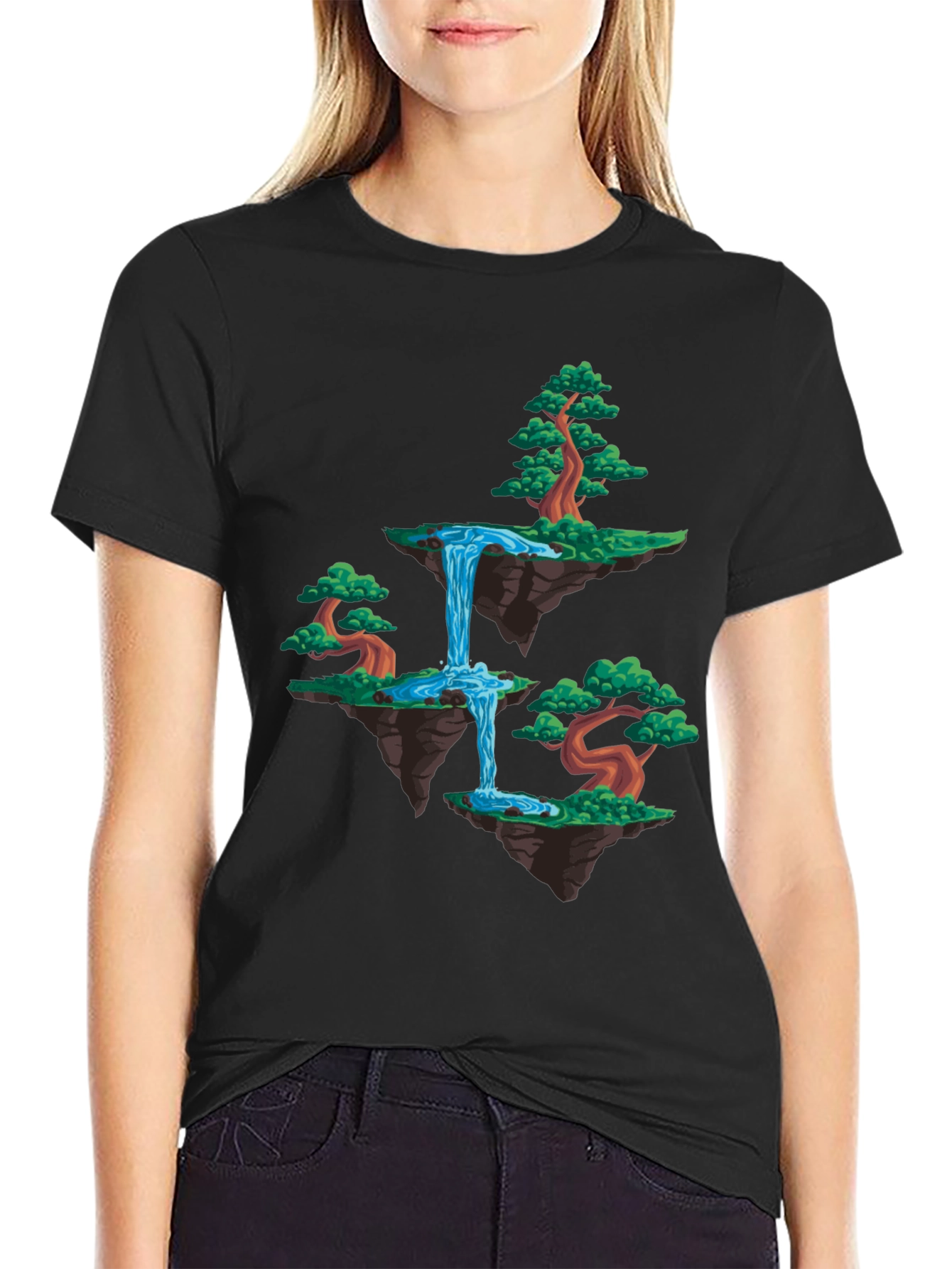 Floating Island Waterfall Graphic Tee - Black