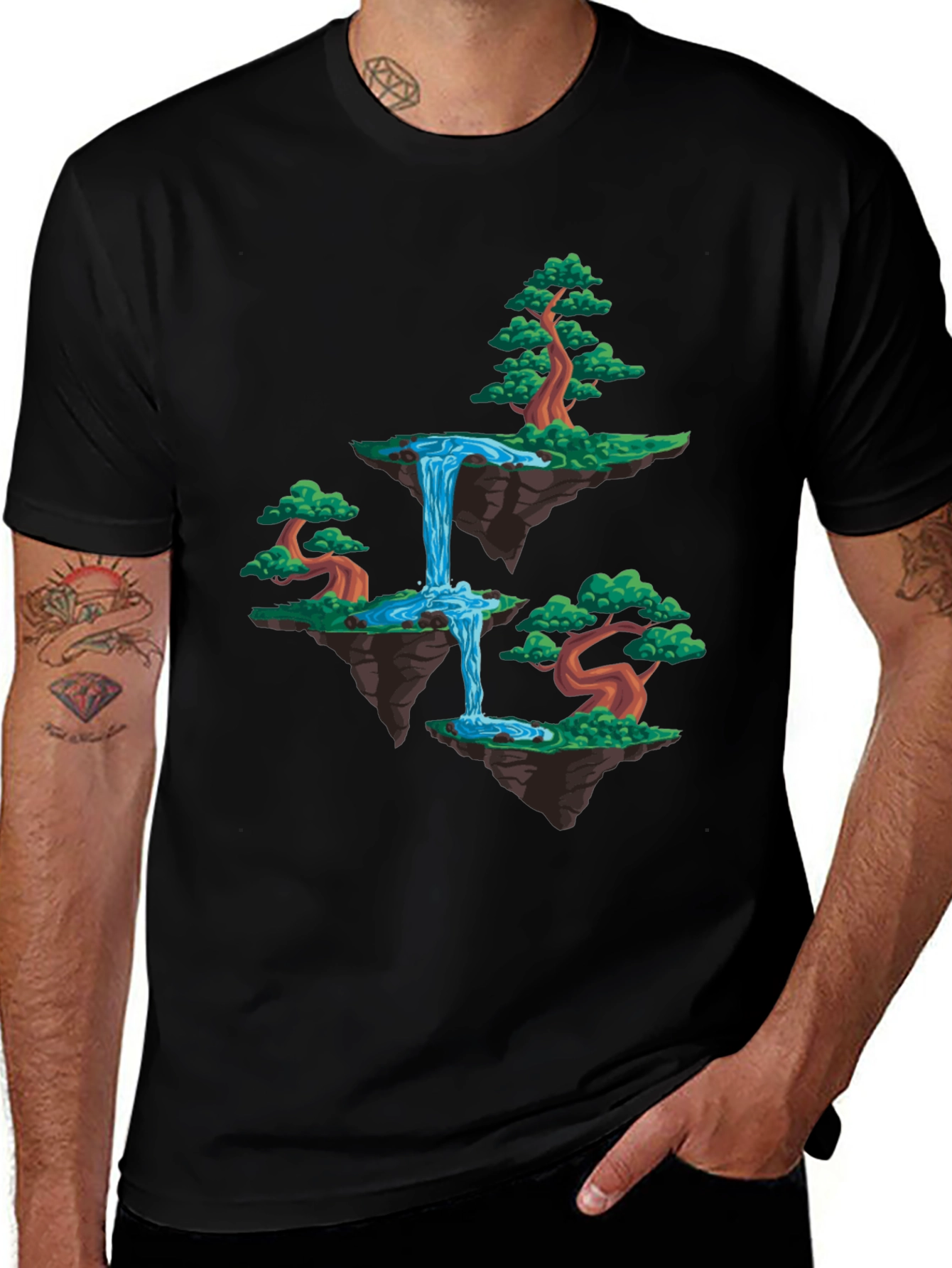 Floating Island Waterfall Graphic Tee - Black