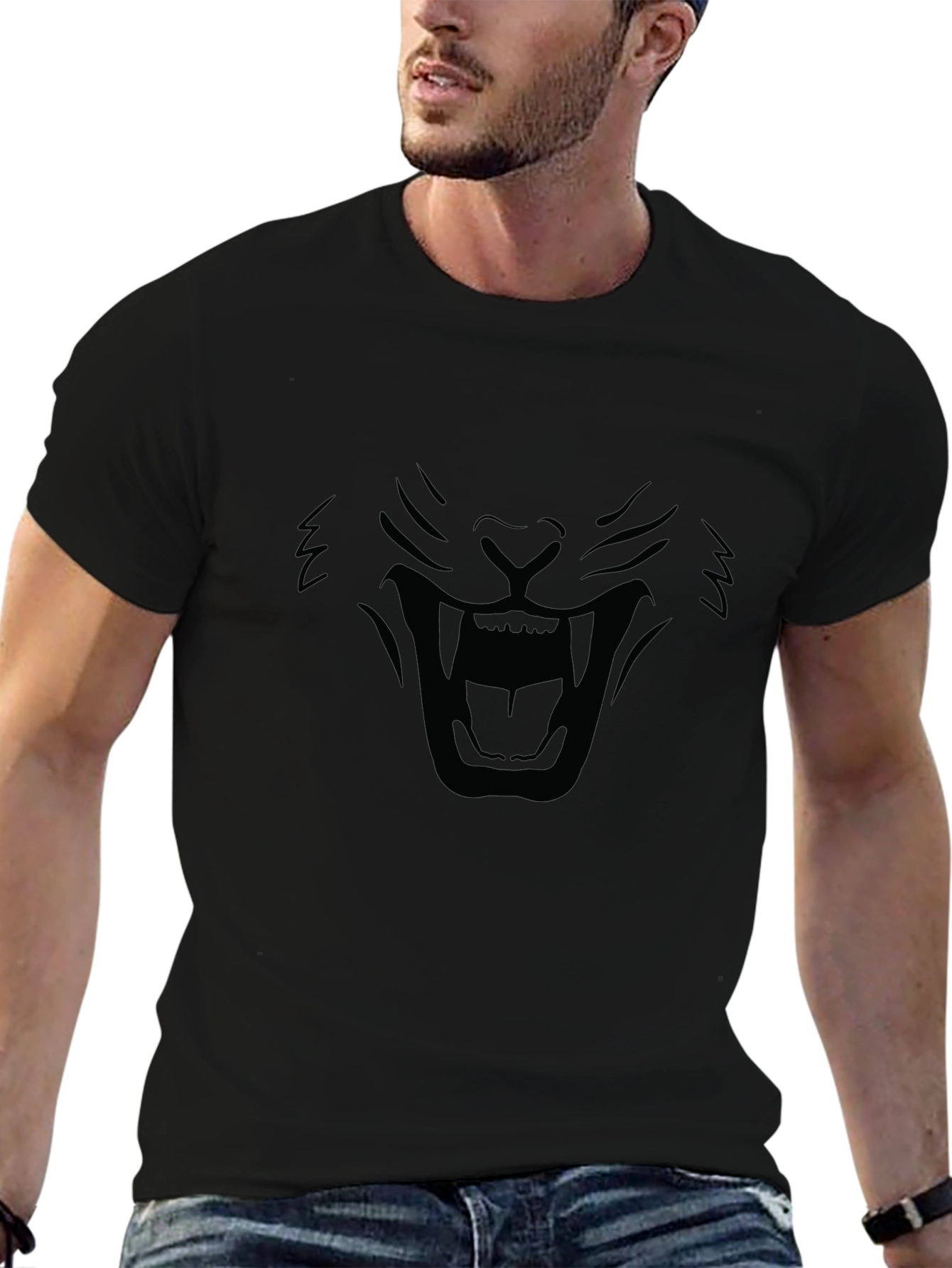 Black T-Shirt - Roaring Lion Face Design