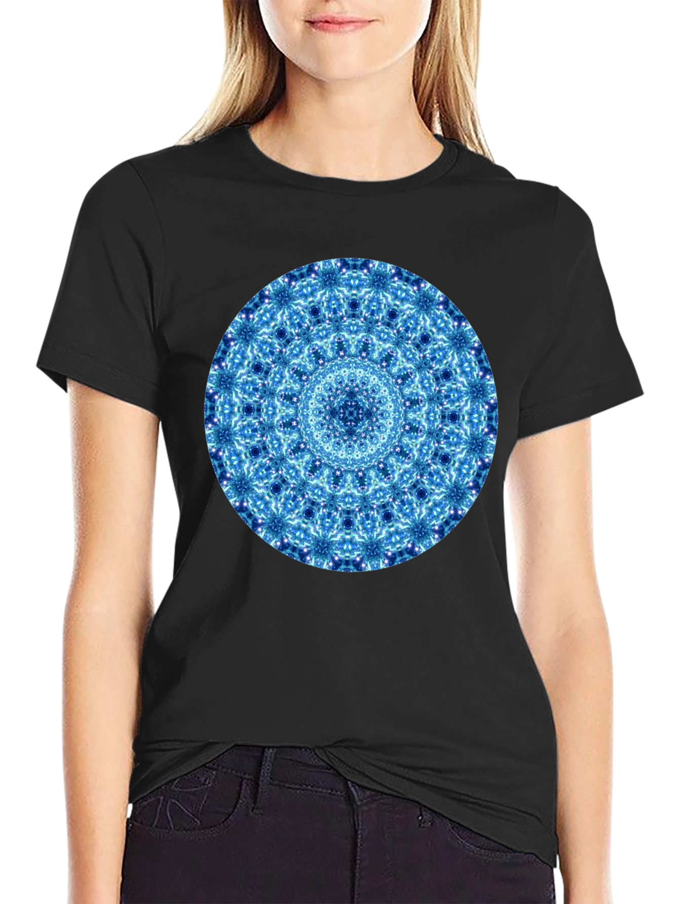 Blue Mandala Graphic Black T-Shirt