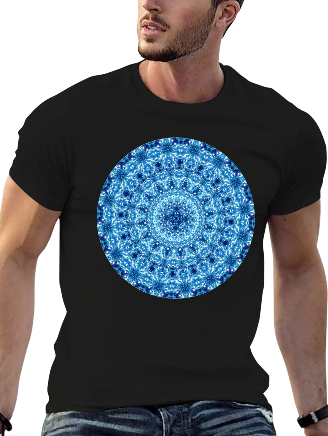 Blue Mandala Graphic Black T-Shirt
