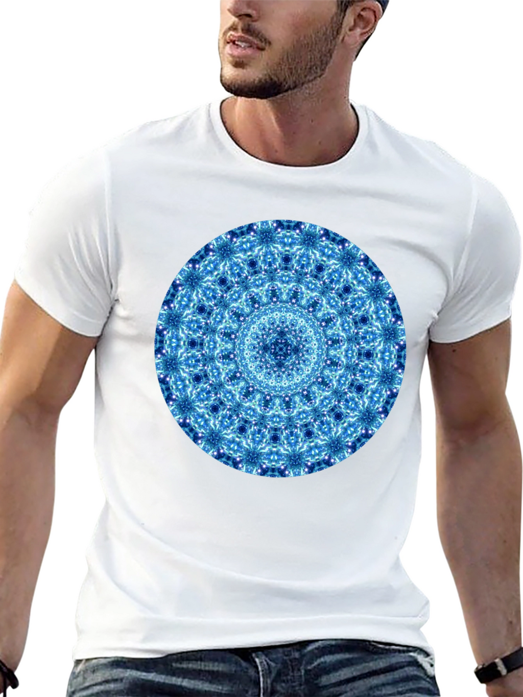 Blue Mandala Graphic Black T-Shirt