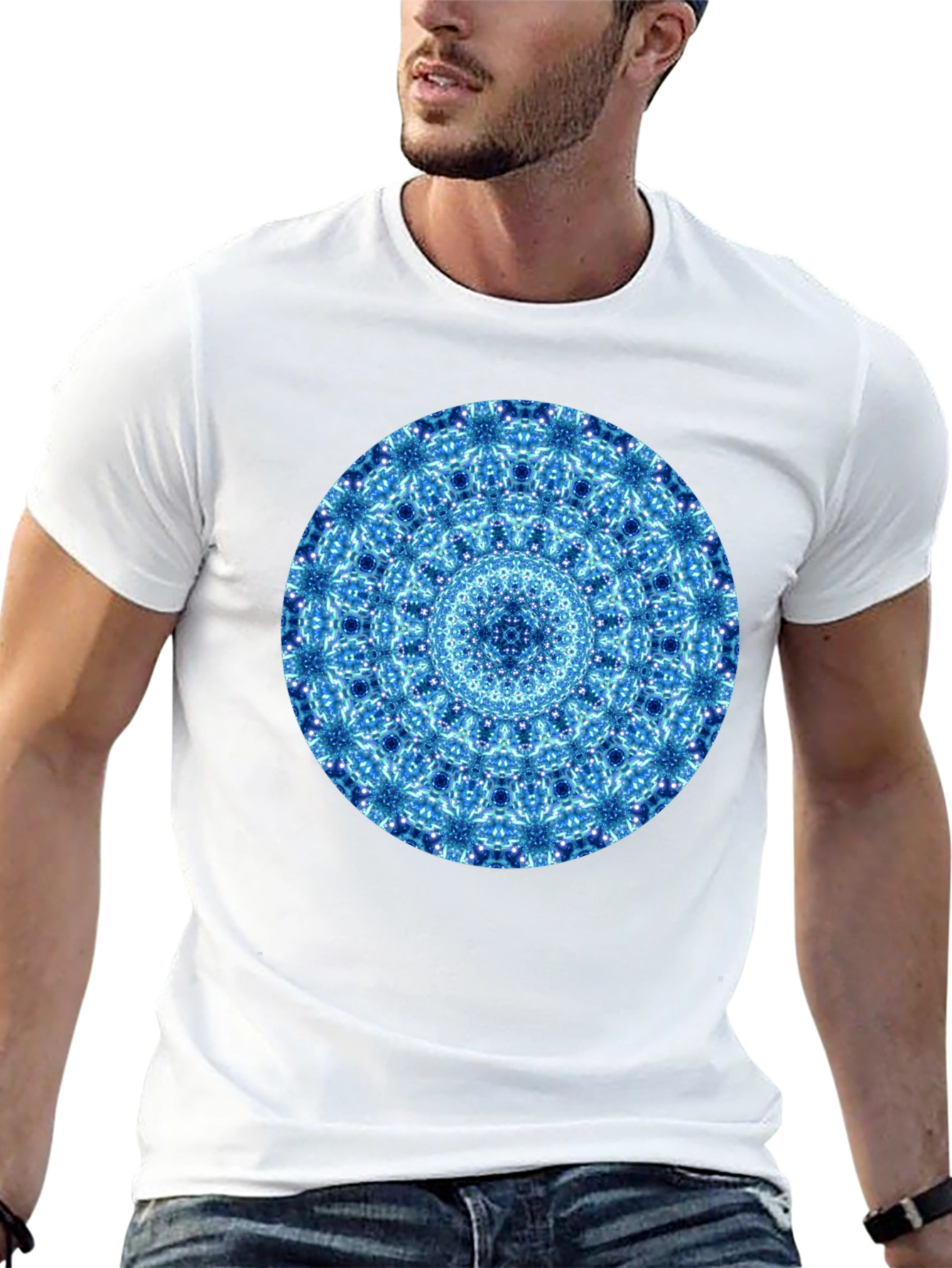 Blue Mandala Graphic Black T-Shirt