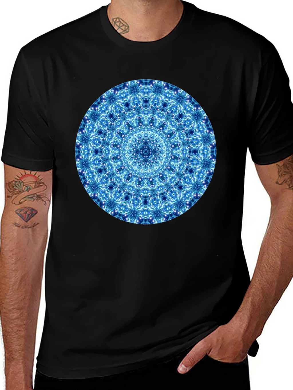 Blue Mandala Graphic Black T-Shirt