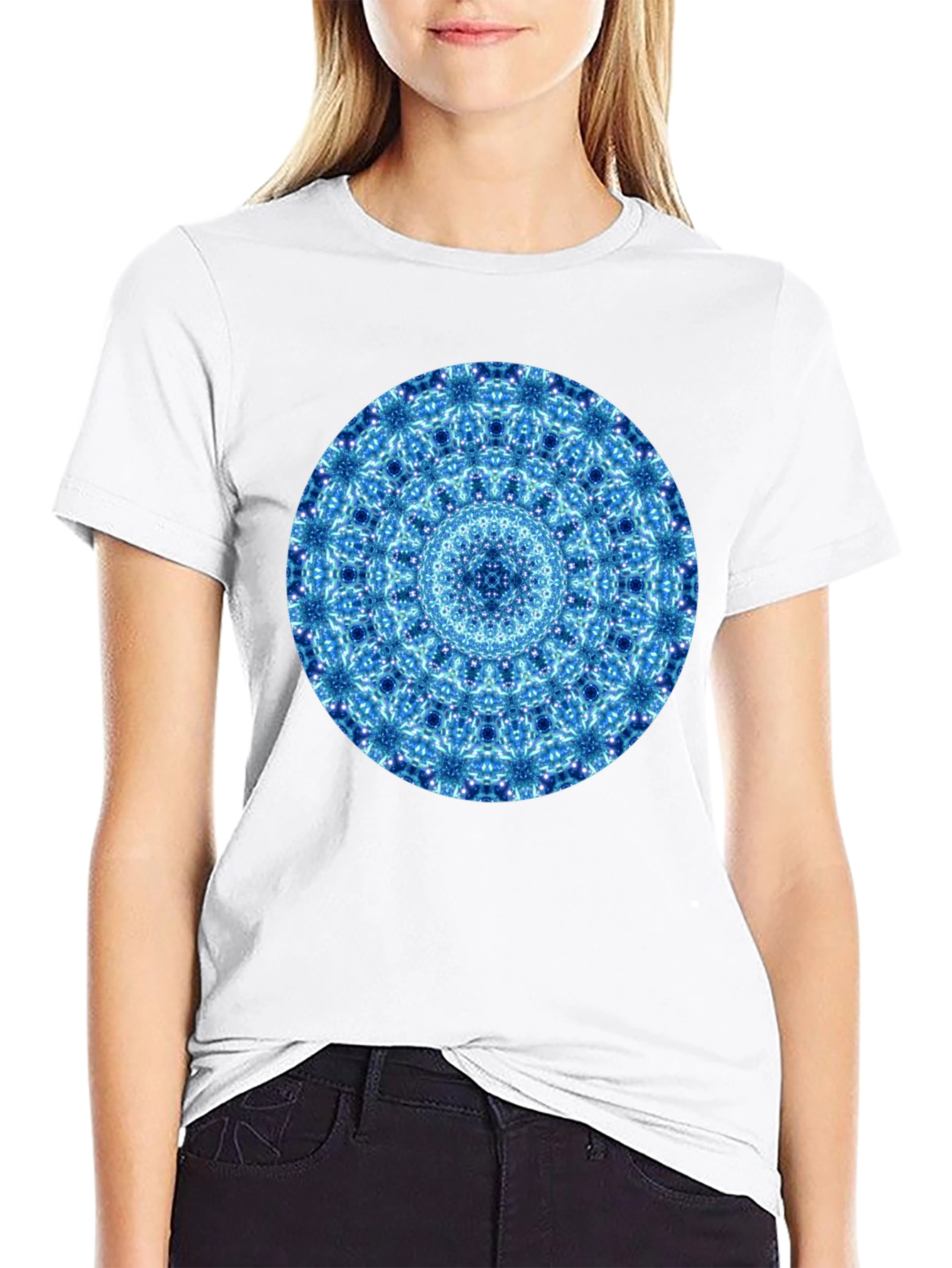 Blue Mandala Graphic Black T-Shirt